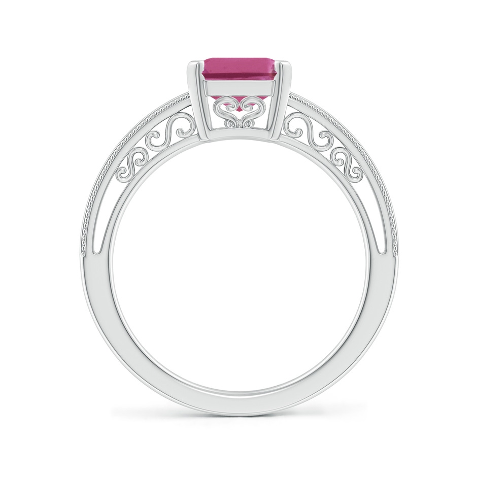 9x7mm AAAA Emerald Cut Pink Tourmaline Solitaire Ring with Milgrain in White Gold side-1