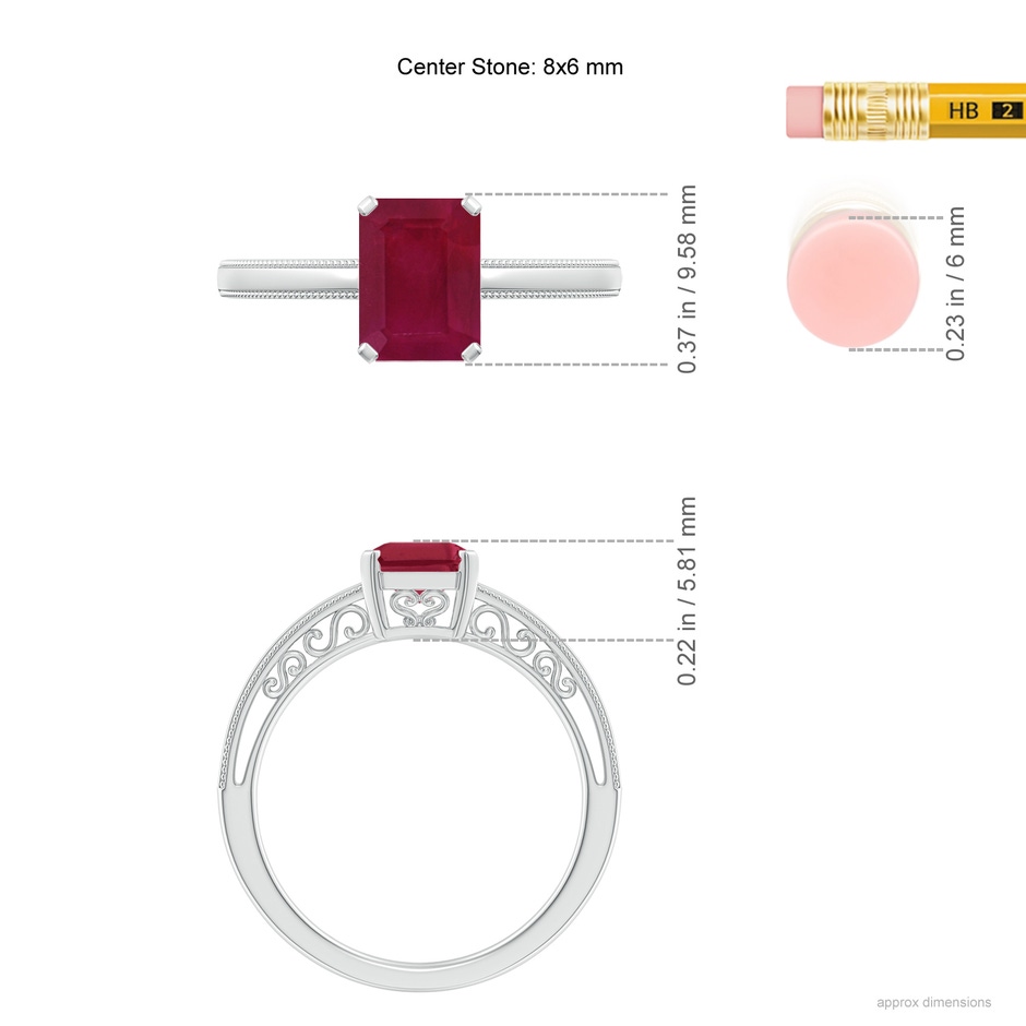 8x6mm A Emerald Cut Ruby Solitaire Ring with Milgrain in White Gold ruler