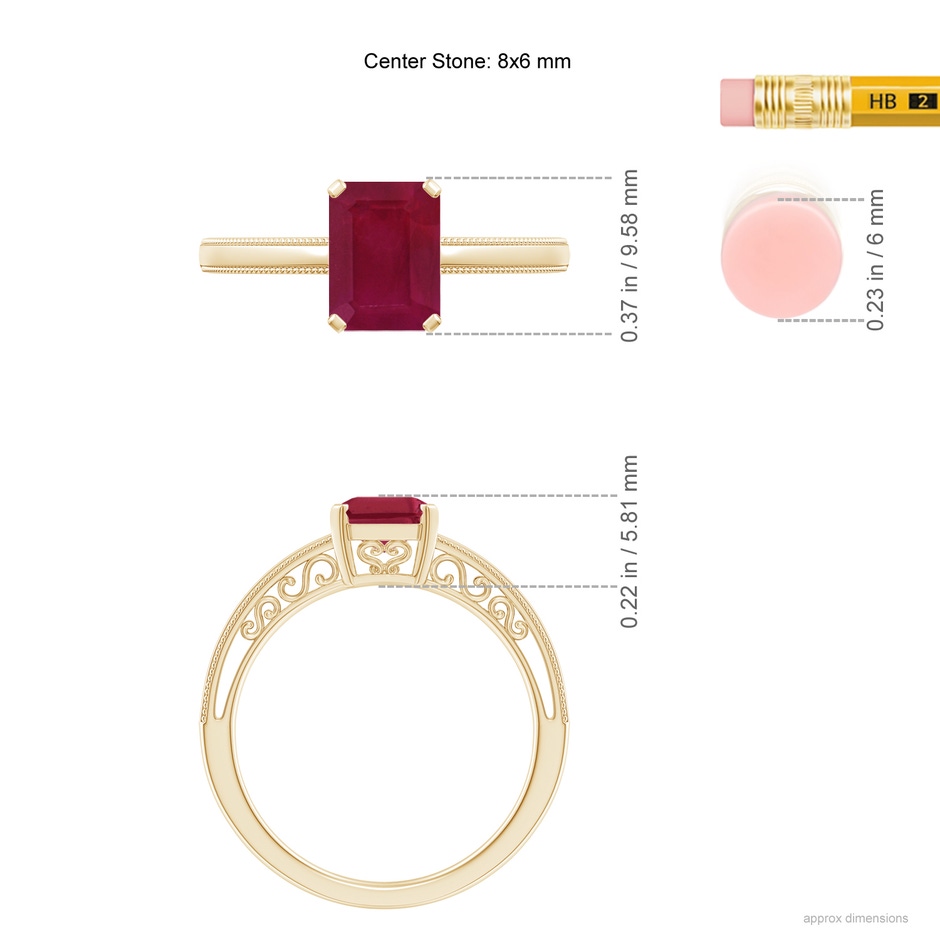 8x6mm A Emerald Cut Ruby Solitaire Ring with Milgrain in Yellow Gold ruler