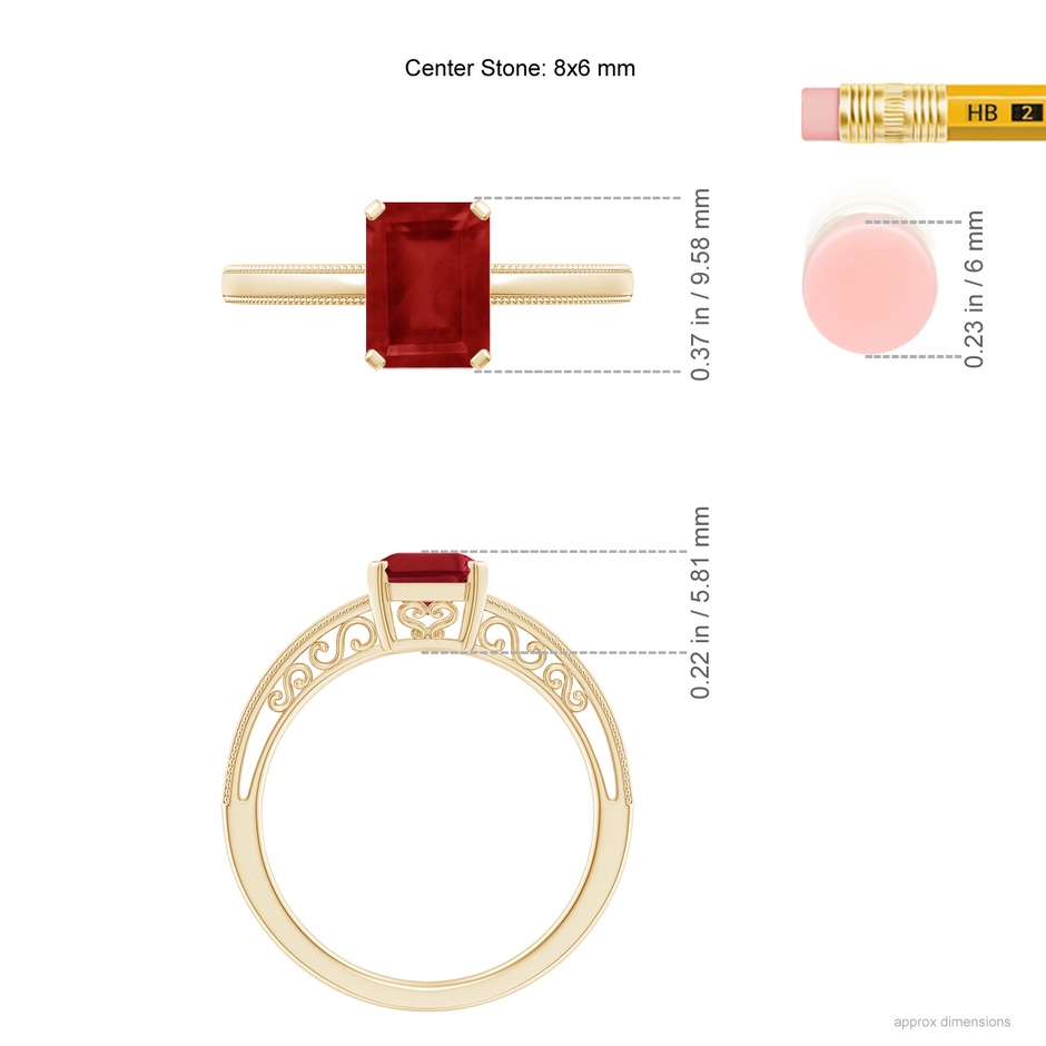 8x6mm AA Emerald Cut Ruby Solitaire Ring with Milgrain in Yellow Gold ruler