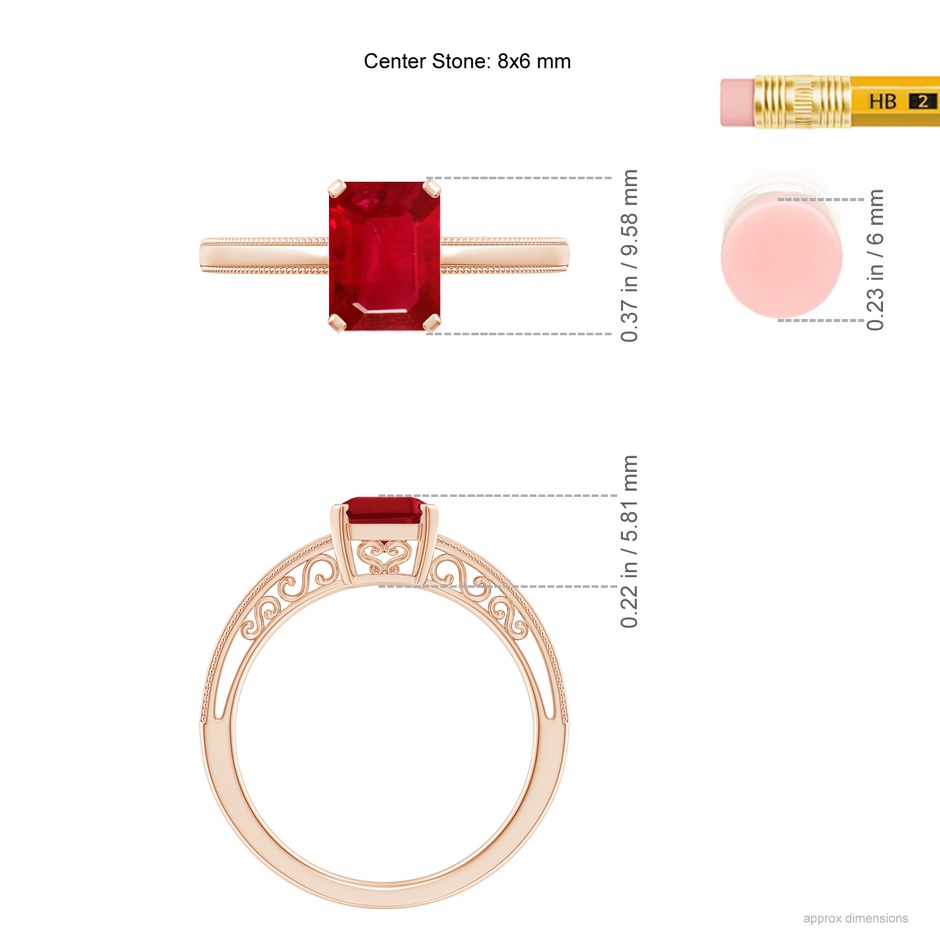 8x6mm AAA Emerald Cut Ruby Solitaire Ring with Milgrain in Rose Gold ruler