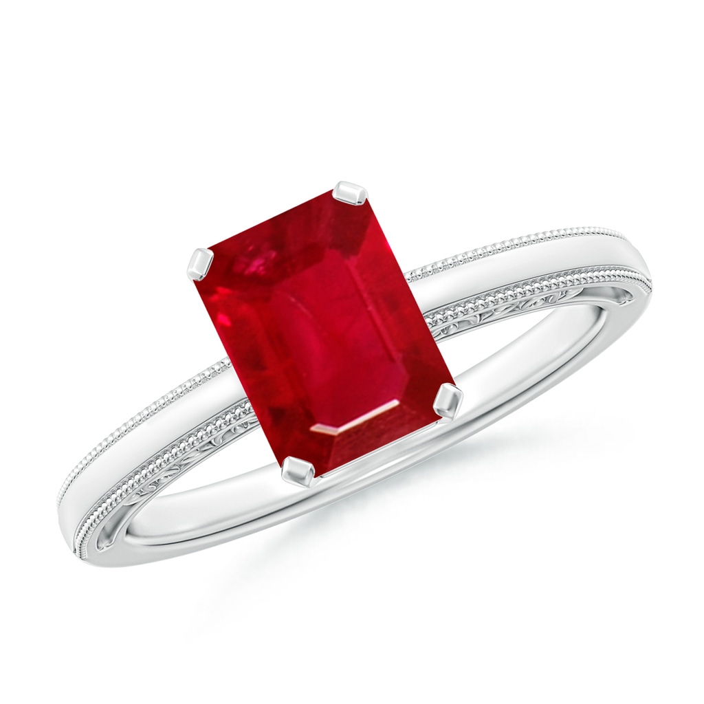 8x6mm AAA Emerald Cut Ruby Solitaire Ring with Milgrain in White Gold