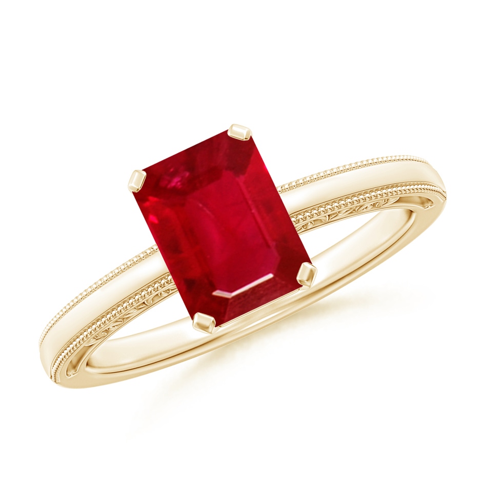 8x6mm AAA Emerald Cut Ruby Solitaire Ring with Milgrain in Yellow Gold 