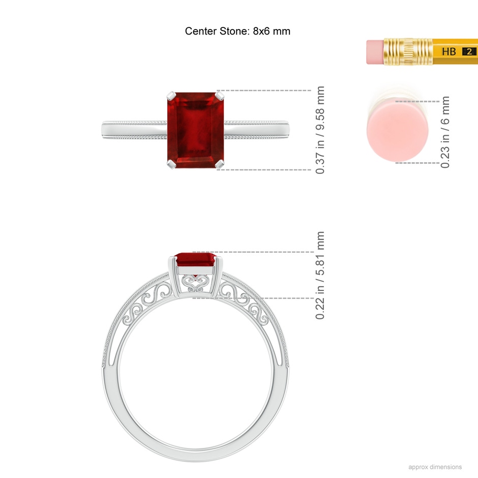 8x6mm AAAA Emerald Cut Ruby Solitaire Ring with Milgrain in P950 Platinum ruler
