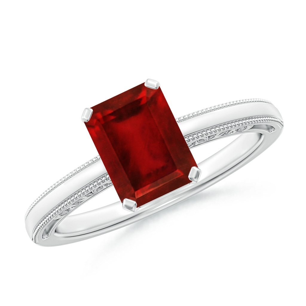 8x6mm AAAA Emerald Cut Ruby Solitaire Ring with Milgrain in White Gold