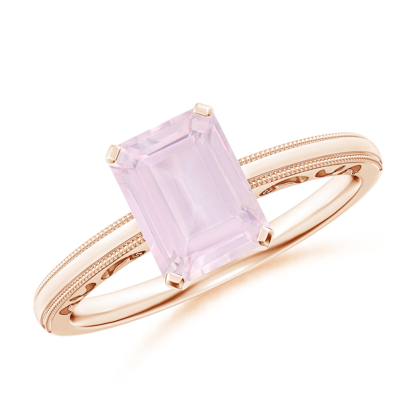 Emerald Cut Rose Quartz Solitaire Ring with Milgrain