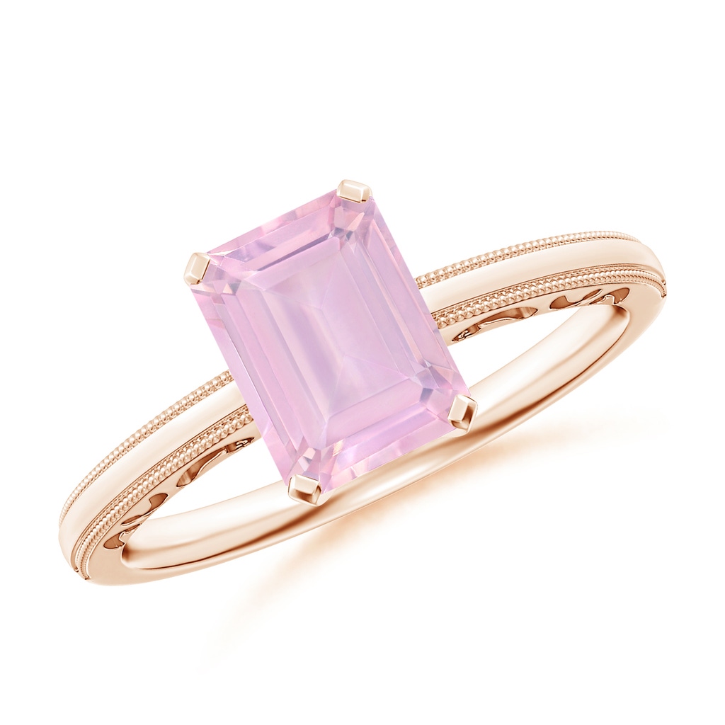 8x6mm AAAA Emerald Cut Rose Quartz Solitaire Ring with Milgrain in Rose Gold