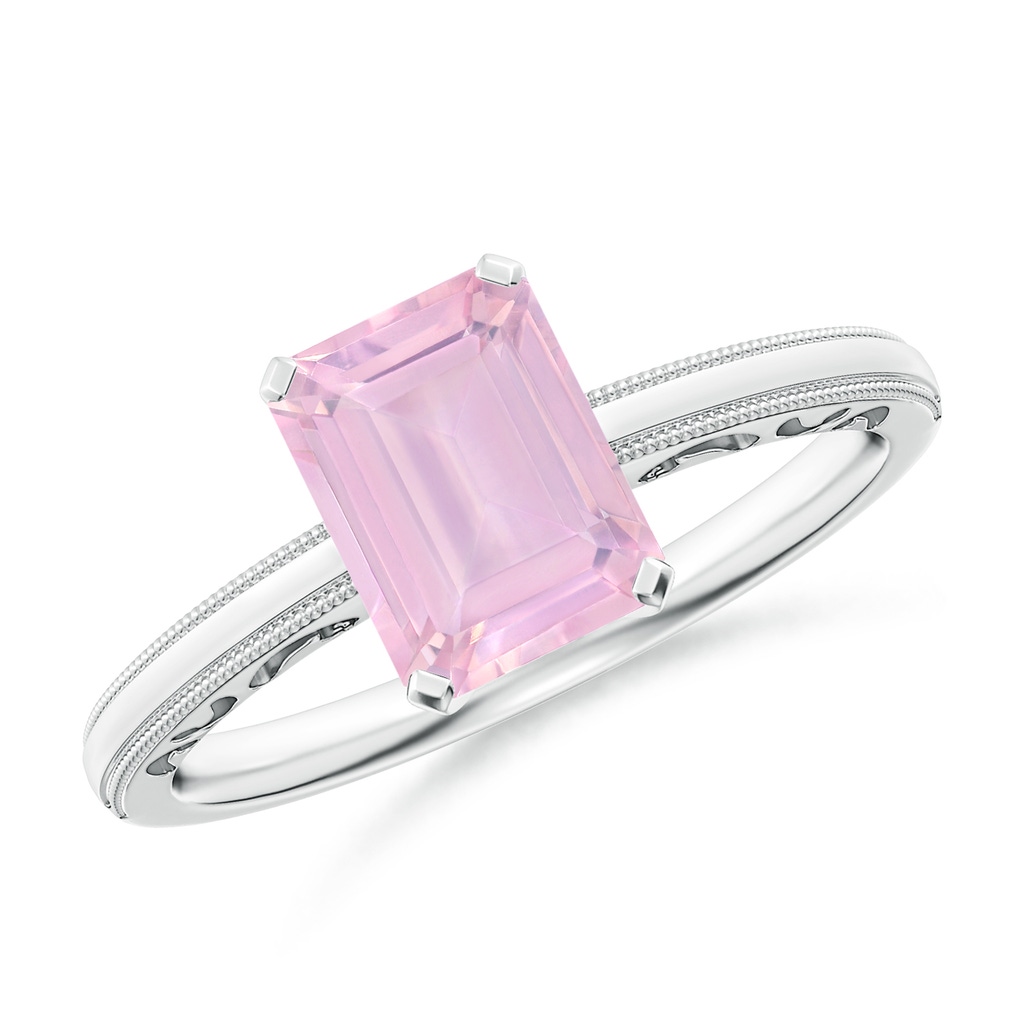 8x6mm AAAA Emerald Cut Rose Quartz Solitaire Ring with Milgrain in S999 Silver