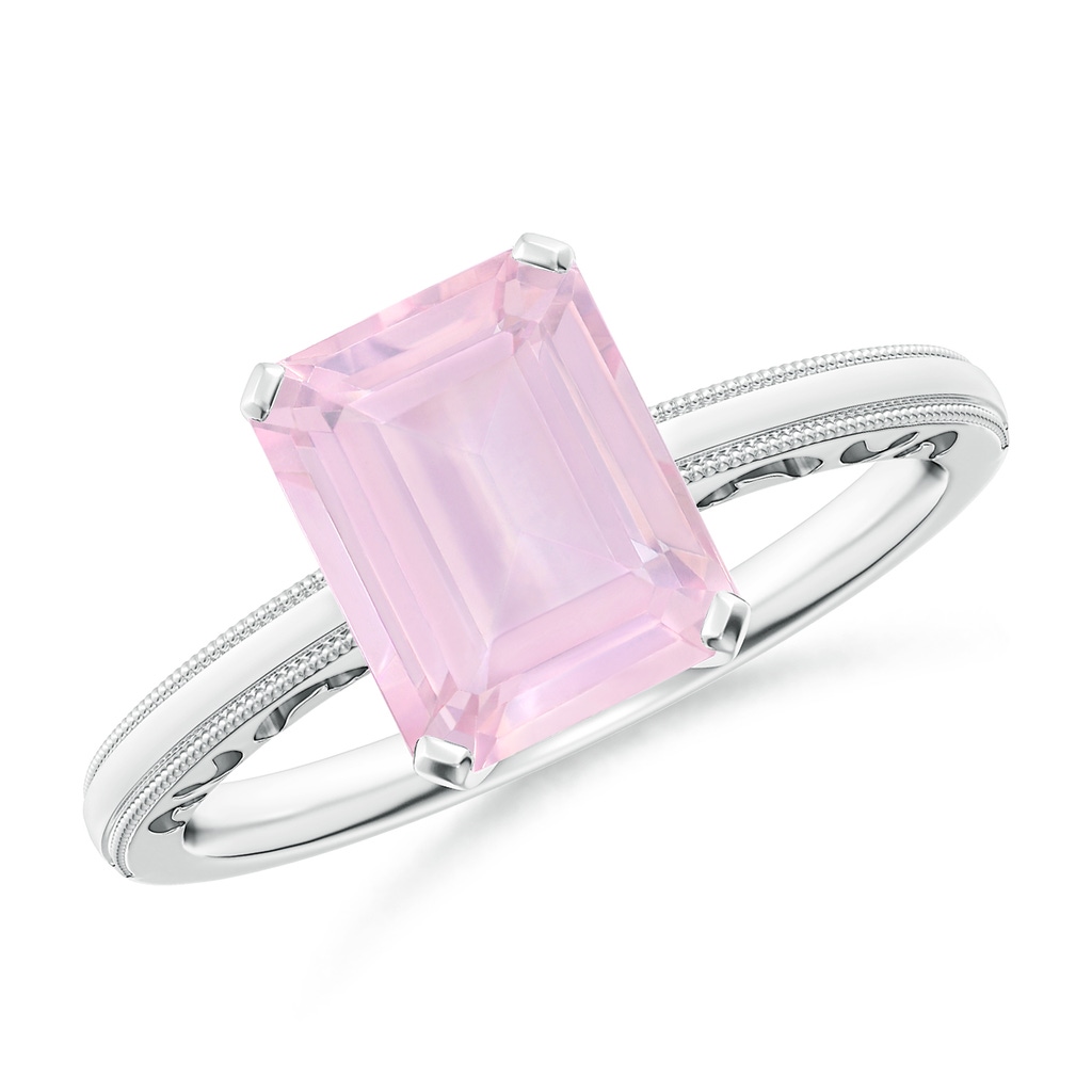 9x7mm AAA Emerald Cut Rose Quartz Solitaire Ring with Milgrain in White Gold