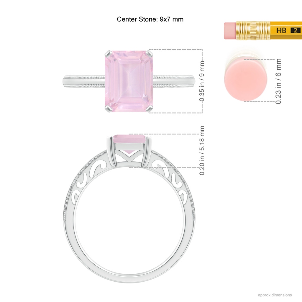 9x7mm AAA Emerald Cut Rose Quartz Solitaire Ring with Milgrain in White Gold Ruler