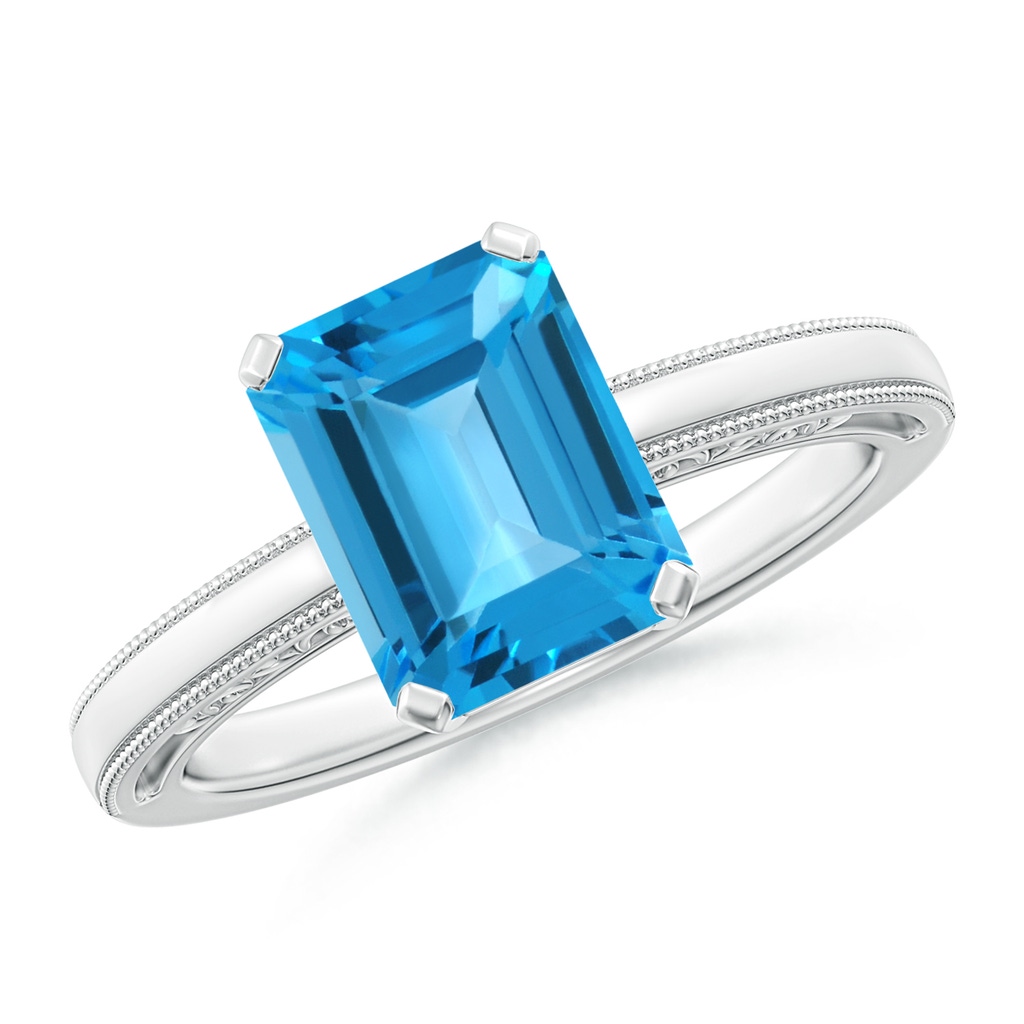 9x7mm AAA Emerald Cut Swiss Blue Topaz Solitaire Ring with Milgrain in White Gold