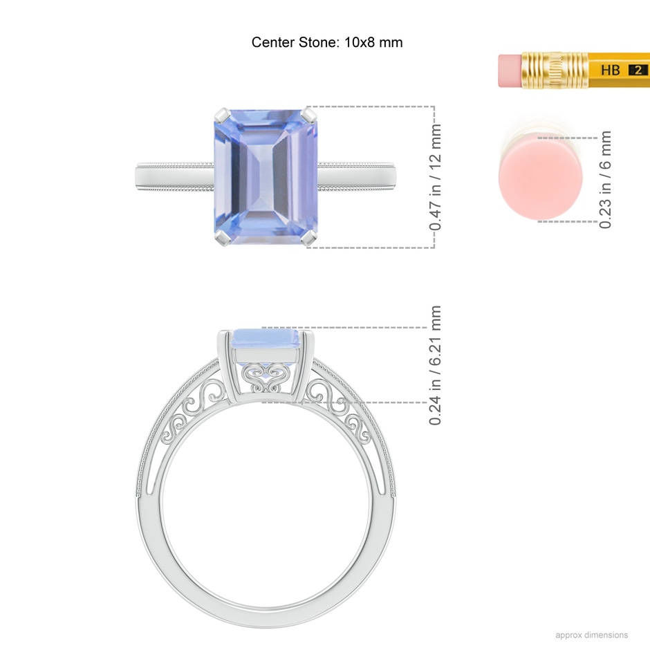 10x8mm A Emerald Cut Tanzanite Solitaire Ring with Milgrain in P950 Platinum ruler