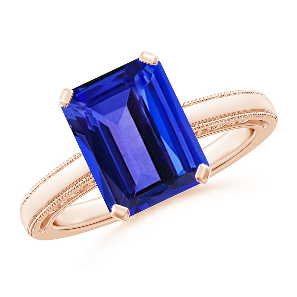 10x8mm AAAA Emerald Cut Tanzanite Solitaire Ring with Milgrain in Rose Gold