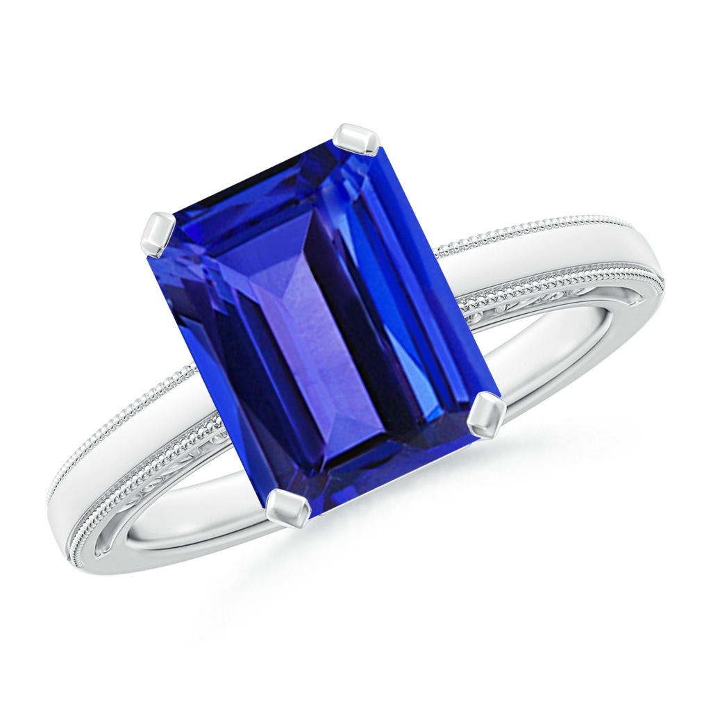 10x8mm AAAA Emerald Cut Tanzanite Solitaire Ring with Milgrain in White Gold