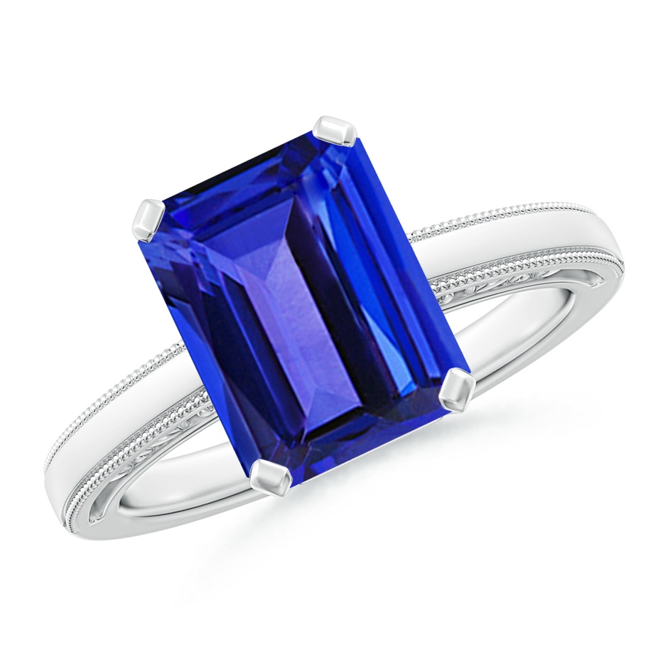 10x8mm AAAA Emerald Cut Tanzanite Solitaire Ring with Milgrain in White Gold 