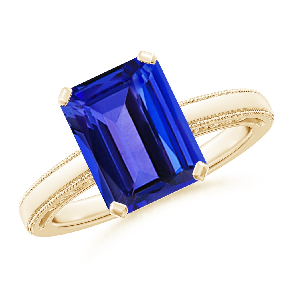 10x8mm AAAA Emerald Cut Tanzanite Solitaire Ring with Milgrain in Yellow Gold