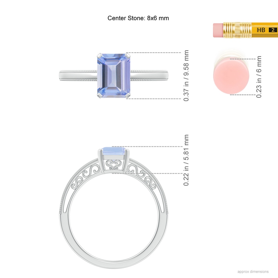 8x6mm A Emerald Cut Tanzanite Solitaire Ring with Milgrain in 9K White Gold ruler