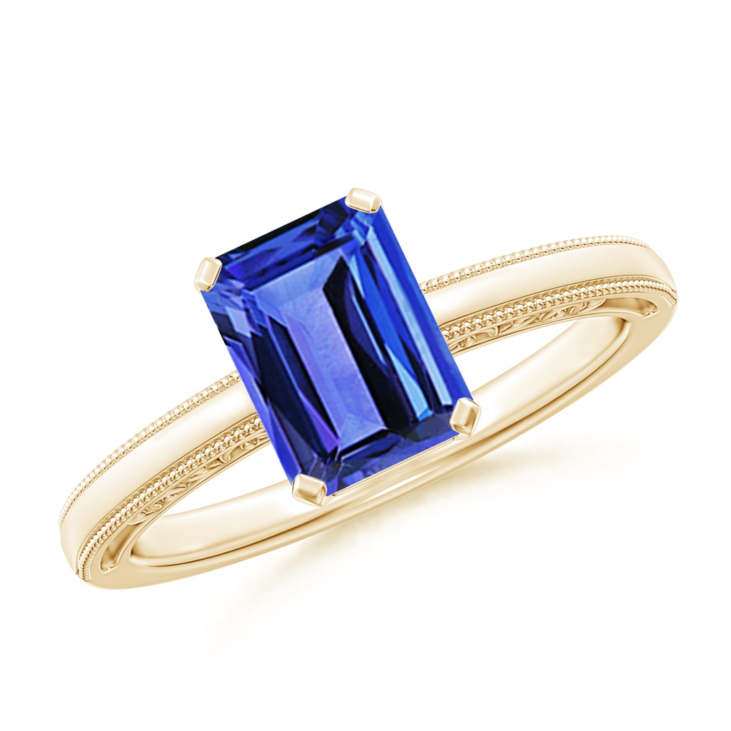 8x6mm AAA Emerald Cut Tanzanite Solitaire Ring with Milgrain in Yellow Gold