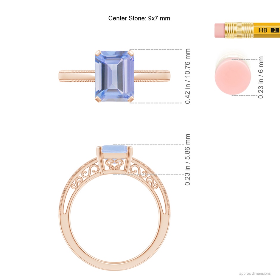 9x7mm A Emerald Cut Tanzanite Solitaire Ring with Milgrain in Rose Gold ruler