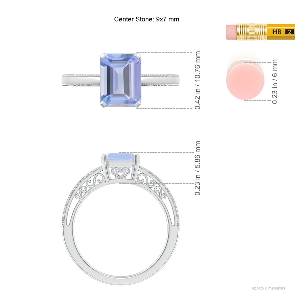 9x7mm A Emerald Cut Tanzanite Solitaire Ring with Milgrain in White Gold ruler