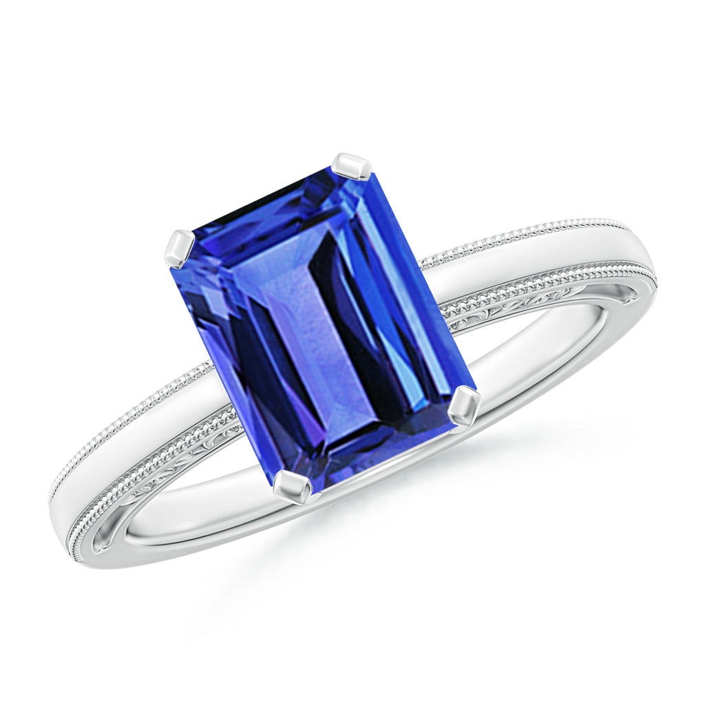 9x7mm AAA Emerald Cut Tanzanite Solitaire Ring with Milgrain in White Gold