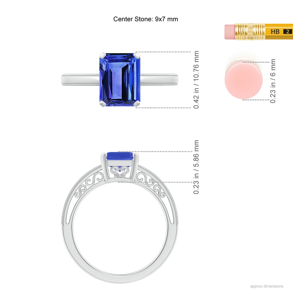 9x7mm AAA Emerald Cut Tanzanite Solitaire Ring with Milgrain in White Gold ruler