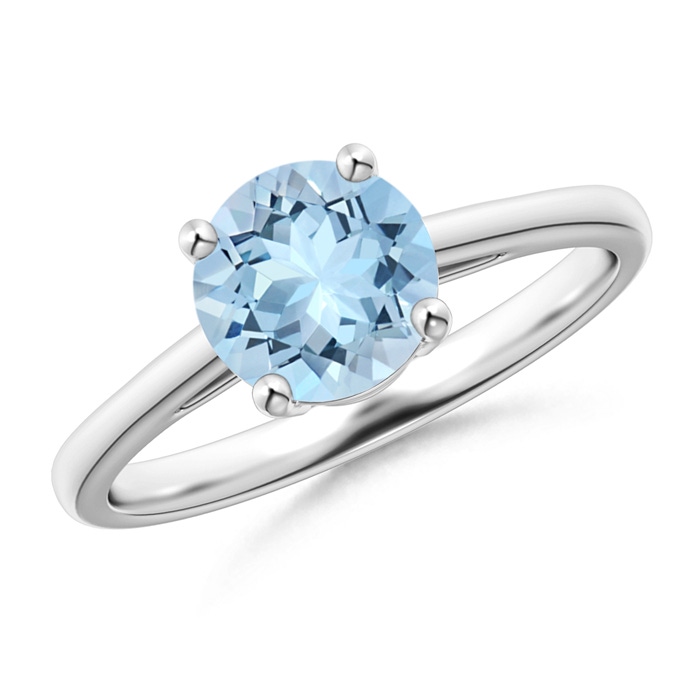 7mm AAA Classic Prong-Set Round Aquamarine Solitaire Ring in P950 Platinum 