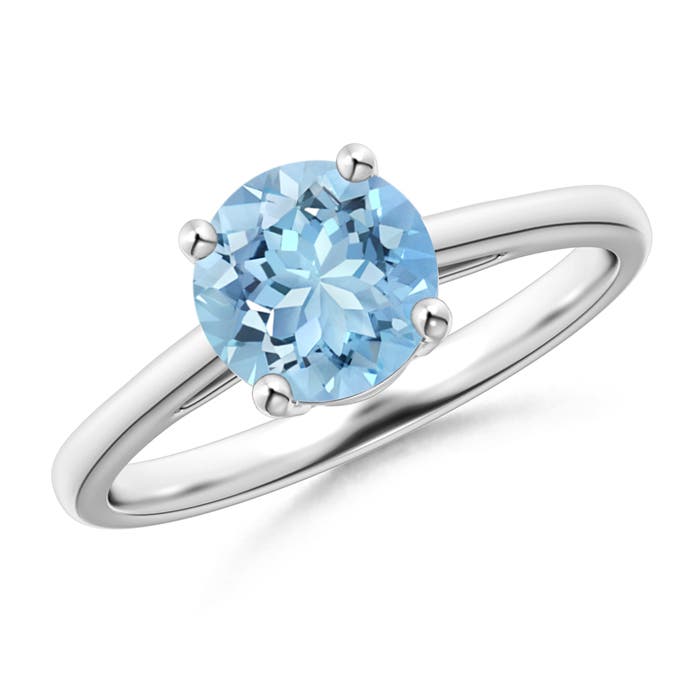 7mm AAAA Classic Prong-Set Round Aquamarine Solitaire Ring in P950 Platinum