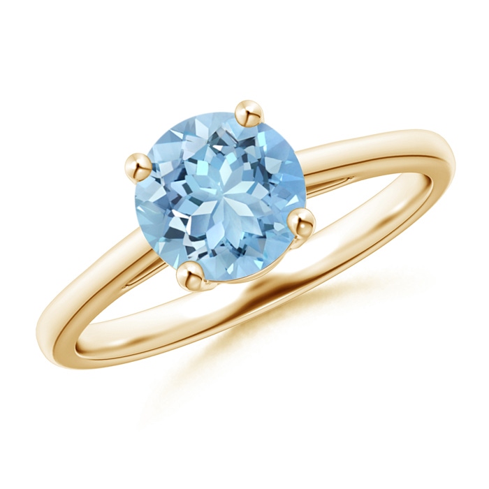 7mm AAAA Classic Prong-Set Round Aquamarine Solitaire Ring in Yellow Gold 