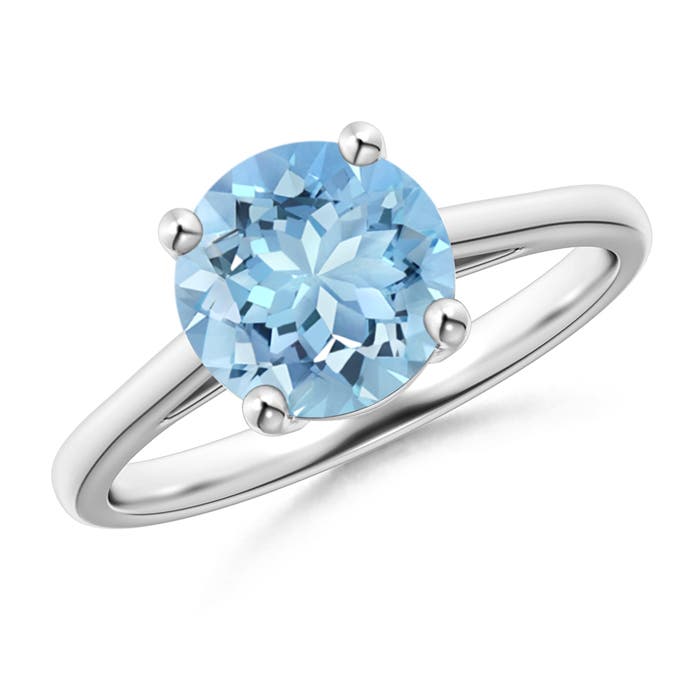 8mm AAAA Classic Prong-Set Round Aquamarine Solitaire Ring in P950 Platinum
