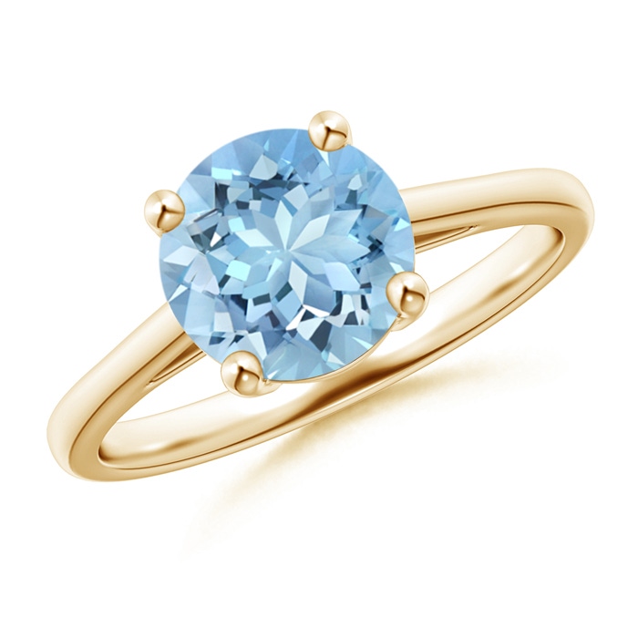 8mm AAAA Classic Prong-Set Round Aquamarine Solitaire Ring in Yellow Gold 