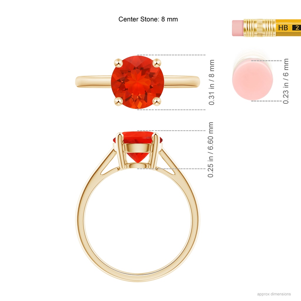 8mm AAAA Classic Prong-Set Round Fire Opal Solitaire Ring in Yellow Gold Ruler
