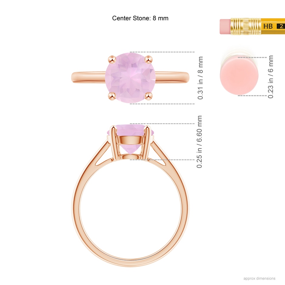 8mm AAAA Classic Prong-Set Round Rose Quartz Solitaire Ring in 18K Rose Gold ruler