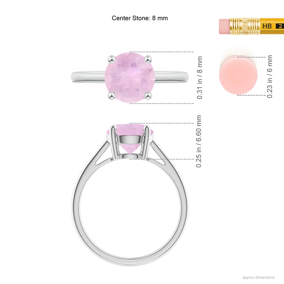 8mm AAAA Classic Prong-Set Round Rose Quartz Solitaire Ring in P950 Platinum ruler