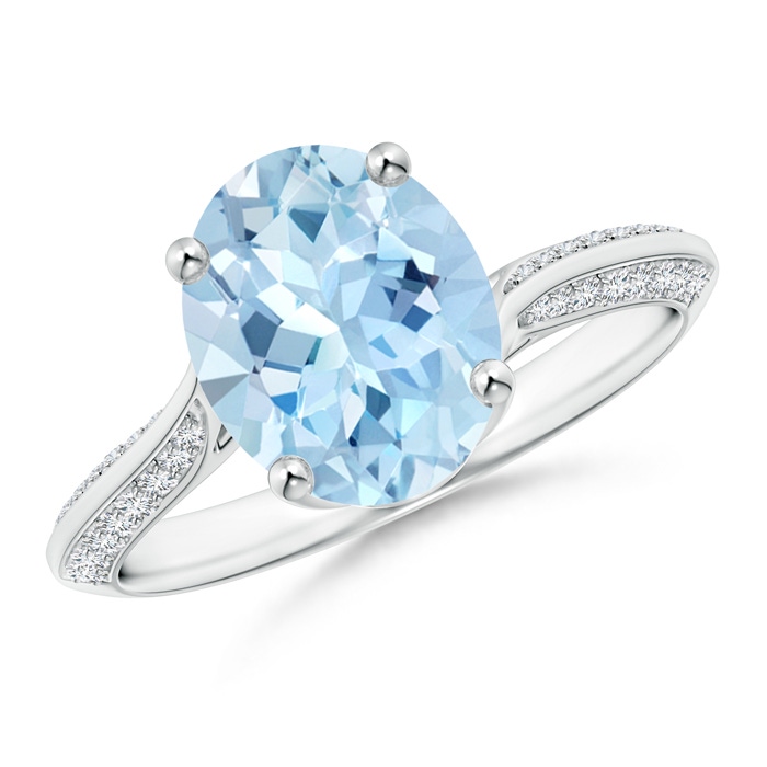 10x8mm AAA Oval Aquamarine Bypass Ring with Diamond Accents in P950 Platinum 