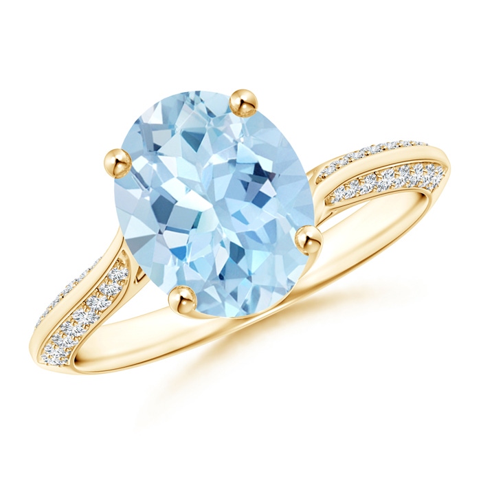 10x8mm AAA Oval Aquamarine Bypass Ring with Diamond Accents in Yellow Gold 