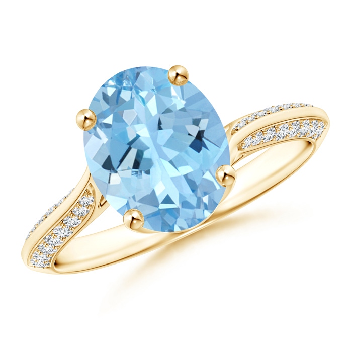 10x8mm AAAA Oval Aquamarine Bypass Ring with Diamond Accents in Yellow Gold