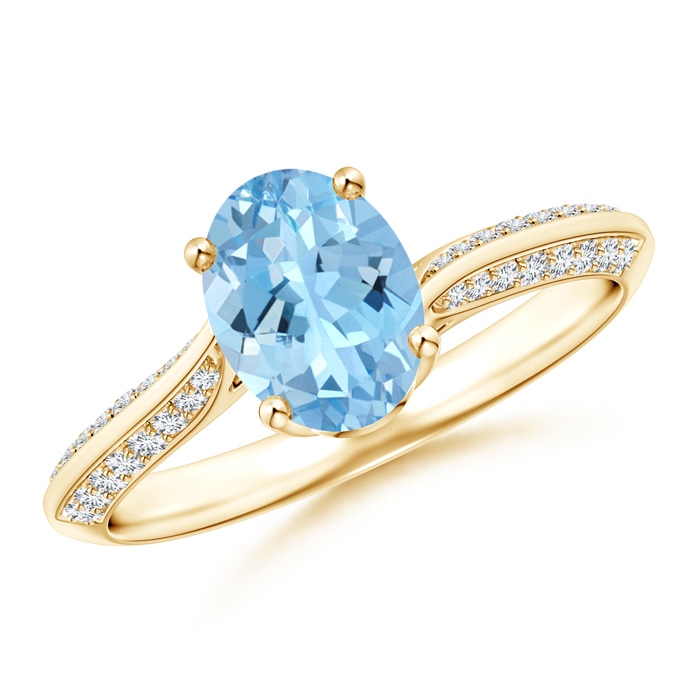 8x6mm AAAA Oval Aquamarine Bypass Ring with Diamond Accents in Yellow Gold 