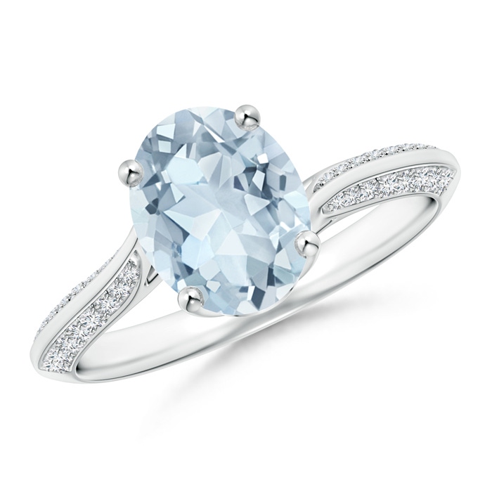 9x7mm A Oval Aquamarine Bypass Ring with Diamond Accents in 9K White Gold 
