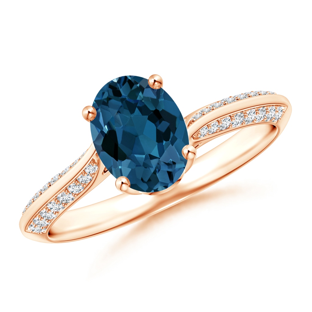 8x6mm AAA Oval London Blue Topaz Bypass Ring with Diamond Accents in Rose Gold 