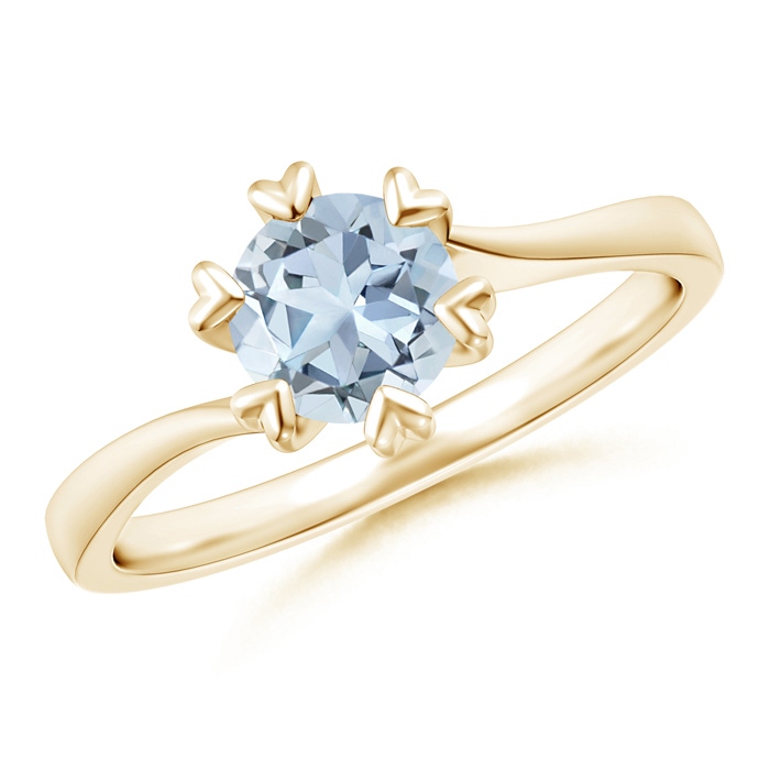 6mm A Heart Prong-Set Round Aquamarine Solitaire Ring in Yellow Gold 