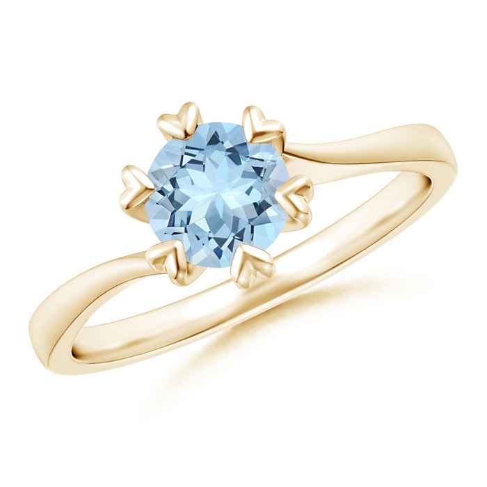 6mm AAA Heart Prong-Set Round Aquamarine Solitaire Ring in Yellow Gold 