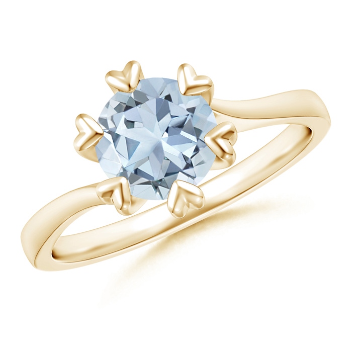 7mm A Heart Prong-Set Round Aquamarine Solitaire Ring in Yellow Gold 