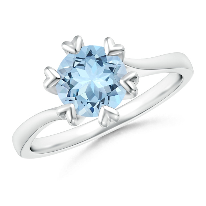 7mm AAA Heart Prong-Set Round Aquamarine Solitaire Ring in White Gold