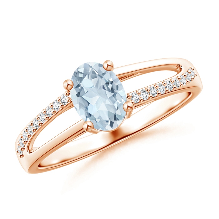 7x5mm A Oval Aquamarine Split Shank Ring with Diamond Accents in Rose Gold 