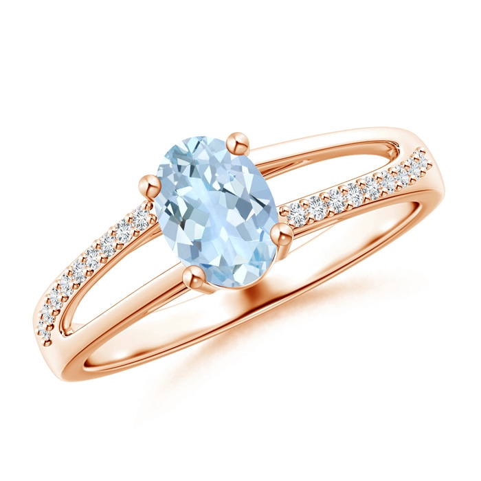 7x5mm AA Oval Aquamarine Split Shank Ring with Diamond Accents in Rose Gold 