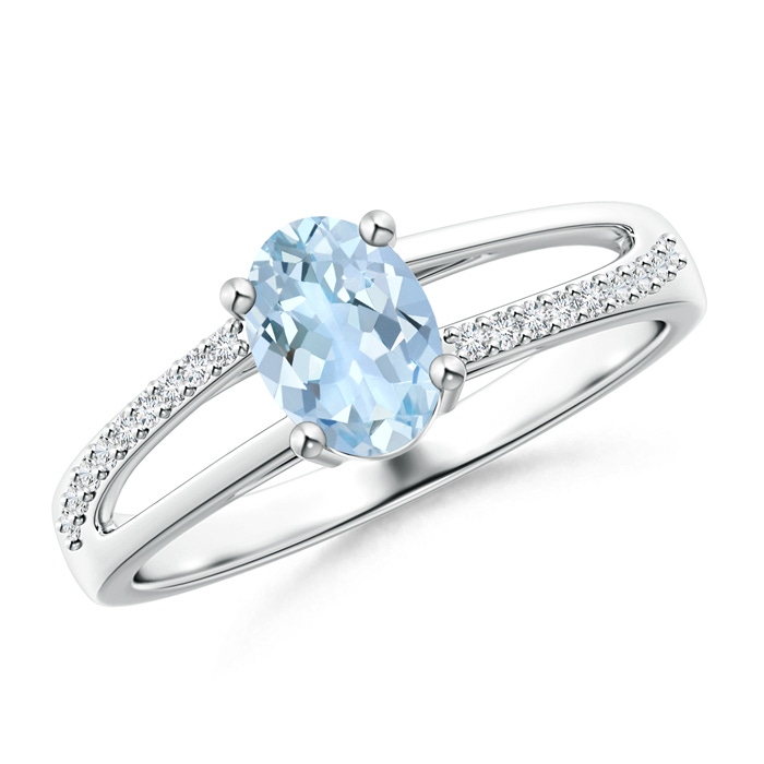 7x5mm AA Oval Aquamarine Split Shank Ring with Diamond Accents in White Gold 