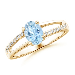 7x5mm AAA Oval Aquamarine Split Shank Ring with Diamond Accents in Yellow Gold