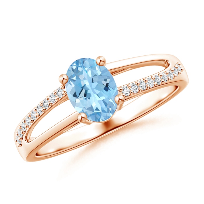 7x5mm AAAA Oval Aquamarine Split Shank Ring with Diamond Accents in Rose Gold 