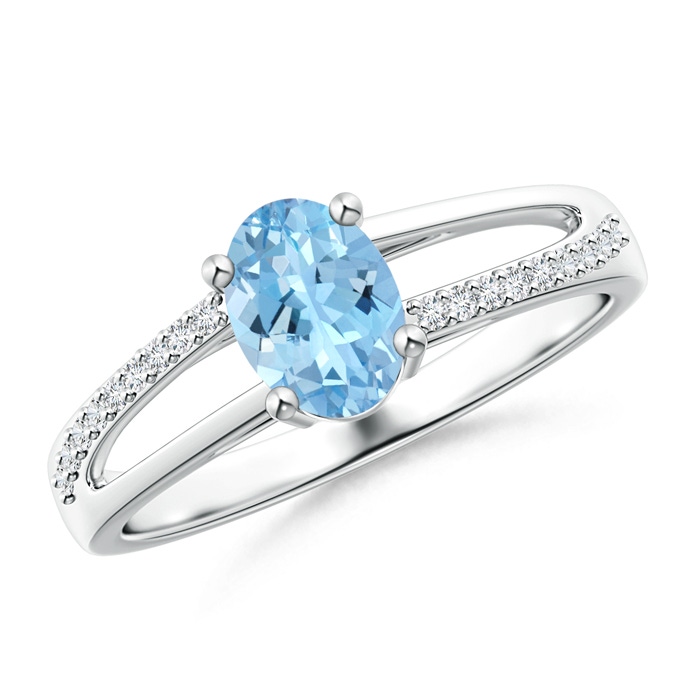 7x5mm AAAA Oval Aquamarine Split Shank Ring with Diamond Accents in White Gold 
